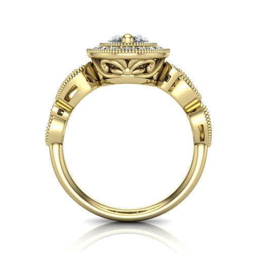 Lana marquise halo engagement ring in 18K Yellow Gold, through-finger front profile showing the filigree scroll gallery beneath the halo and the marquise leaf shoulders