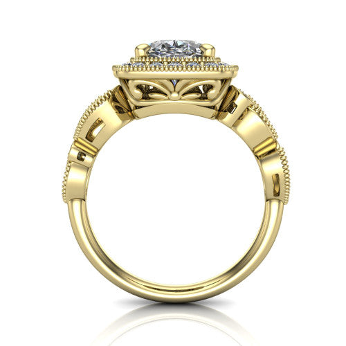 Lana oval halo engagement ring in 14K Yellow Gold, through-finger front profile showing the filigree scroll gallery beneath the halo and the marquise leaf shoulders