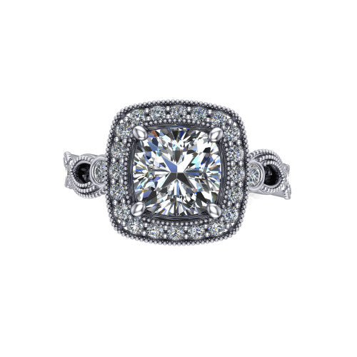 Lana cushion halo engagement ring in Platinum, top-down view showing the center framed by a milgrain pav&eacute; cushion halo with four prongs