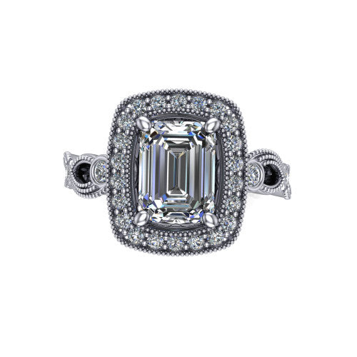 Lana emerald halo engagement ring in 18K White Gold, top-down view showing the center framed by a milgrain pav&eacute; cushion halo with four prongs