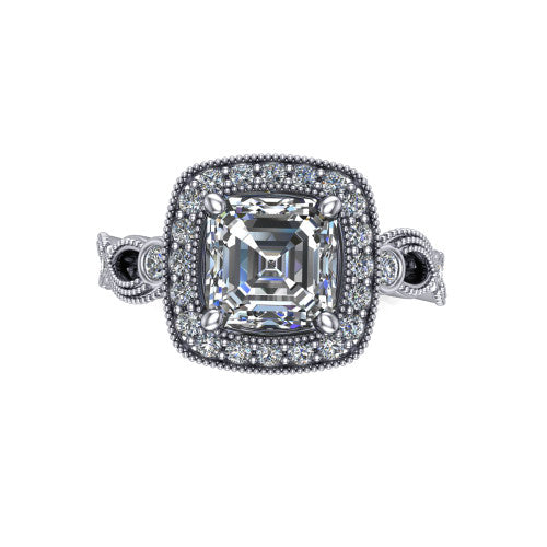 Lana square emerald halo engagement ring in 14K White Gold, top-down view showing the center framed by a milgrain pav&eacute; cushion halo with four prongs
