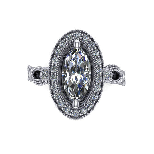 Lana marquise halo engagement ring in 14K White Gold, top-down view showing the center framed by a milgrain pav&eacute; cushion halo with four prongs