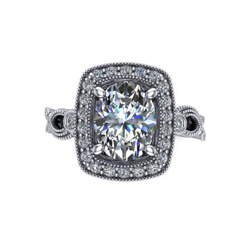 Lana oval halo engagement ring in 14K White Gold, top-down view showing the center framed by a milgrain pav&eacute; cushion halo with four prongs