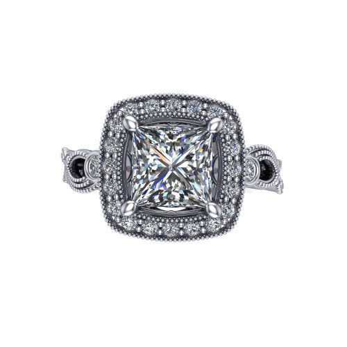 Lana princess halo engagement ring in 18K White Gold, top-down view showing the center framed by a milgrain pav&eacute; cushion halo with four prongs