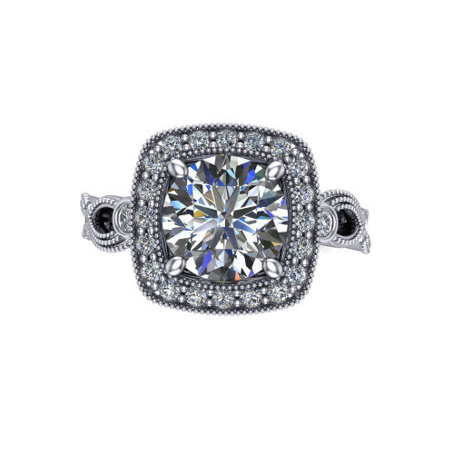 Lana round halo engagement ring in 14K White Gold, top-down view showing the center framed by a milgrain pav&eacute; cushion halo with four prongs