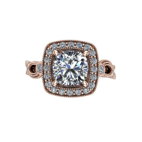 Lana cushion halo engagement ring in 14K Rose Gold, top-down view showing the center framed by a milgrain pav&eacute; cushion halo with four prongs