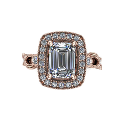 Lana emerald halo engagement ring in 14K Rose Gold, top-down view showing the center framed by a milgrain pav&eacute; cushion halo with four prongs