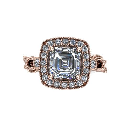 Lana square emerald halo engagement ring in 14K Rose Gold, top-down view showing the center framed by a milgrain pav&eacute; cushion halo with four prongs