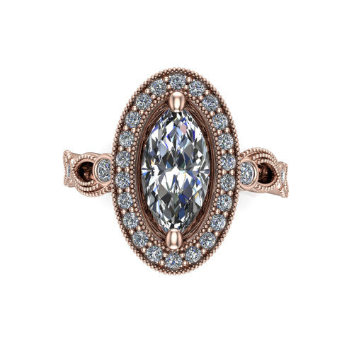 Lana marquise halo engagement ring in 18K Rose Gold, top-down view showing the center framed by a milgrain pav&eacute; cushion halo with four prongs
