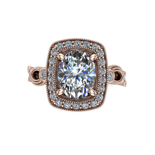 Lana oval halo engagement ring in 18K Rose Gold, top-down view showing the center framed by a milgrain pav&eacute; cushion halo with four prongs