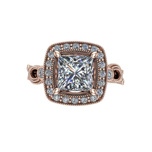 Lana princess halo engagement ring in 14K Rose Gold, top-down view showing the center framed by a milgrain pav&eacute; cushion halo with four prongs