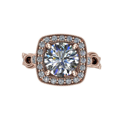 Lana round halo engagement ring in 18K Rose Gold, top-down view showing the center framed by a milgrain pav&eacute; cushion halo with four prongs