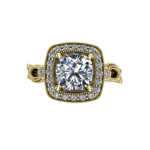 Lana cushion halo engagement ring in 14K Yellow Gold, top-down view showing the center framed by a milgrain pav&eacute; cushion halo with four prongs