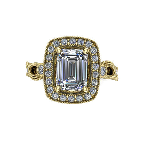 Lana emerald halo engagement ring in 14K Yellow Gold, top-down view showing the center framed by a milgrain pav&eacute; cushion halo with four prongs