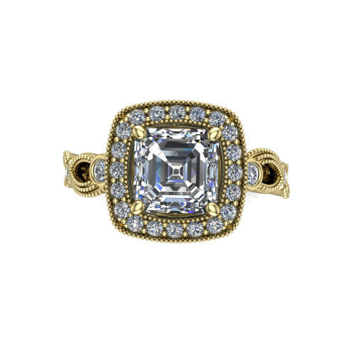 Lana square emerald halo engagement ring in 18K Yellow Gold, top-down view showing the center framed by a milgrain pav&eacute; cushion halo with four prongs
