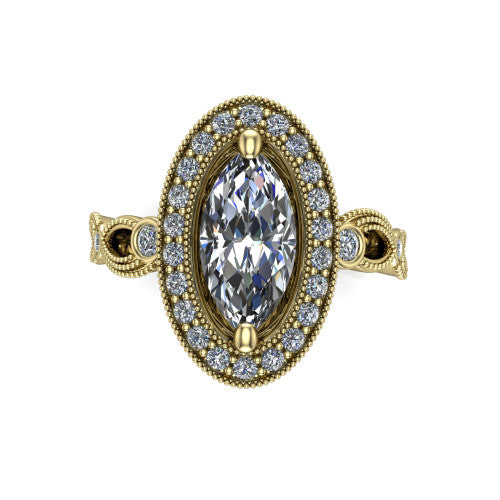 Lana marquise halo engagement ring in 14K Yellow Gold, top-down view showing the center framed by a milgrain pav&eacute; cushion halo with four prongs