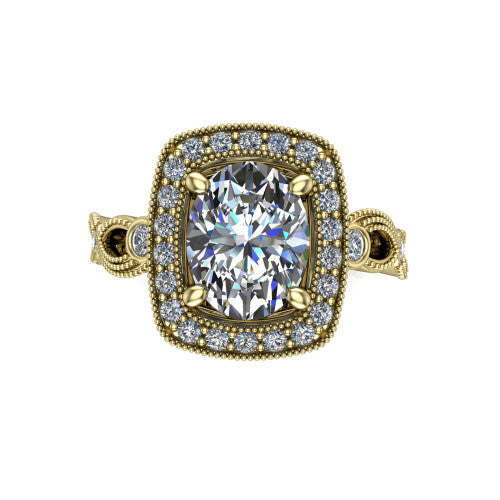 Lana oval halo engagement ring in 14K Yellow Gold, top-down view showing the center framed by a milgrain pav&eacute; cushion halo with four prongs