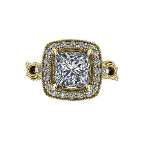 Lana princess halo engagement ring in 18K Yellow Gold, top-down view showing the center framed by a milgrain pav&eacute; cushion halo with four prongs