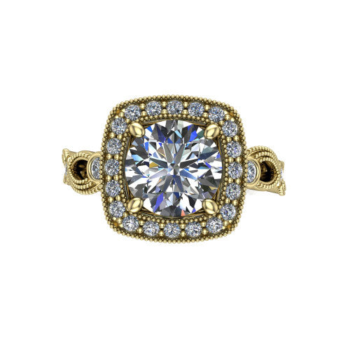 Lana round halo engagement ring in 14K Yellow Gold, top-down view showing the center framed by a milgrain pav&eacute; cushion halo with four prongs