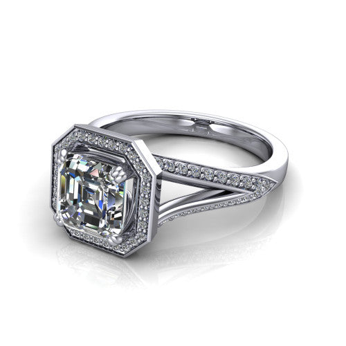 Antonella square halo engagement ring in Platinum, three-quarter perspective showing the haloed center raised above a split pav&eacute; shank