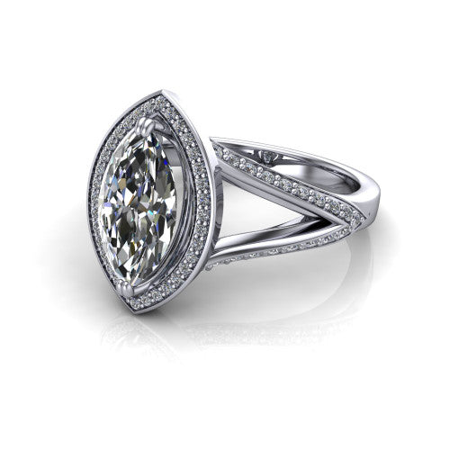 Antonella marquise halo engagement ring in 18K White Gold, three-quarter perspective showing the haloed center raised above a split pav&eacute; shank