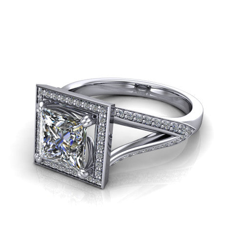 Antonella princess halo engagement ring in Platinum, three-quarter perspective showing the square haloed center raised above a split pav&eacute; shank