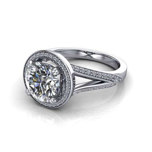 Antonella round halo engagement ring in 14K White Gold, three-quarter perspective showing the haloed center raised above a split pav&eacute; shank