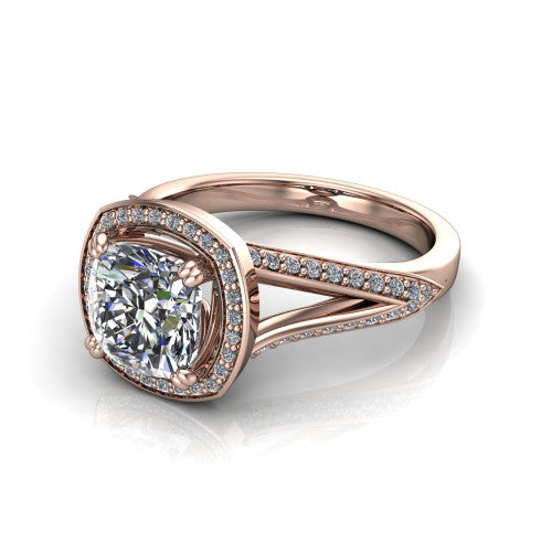 Antonella cushion halo engagement ring in 14K Rose Gold, three-quarter perspective showing the haloed center raised above a split pav&eacute; shank
