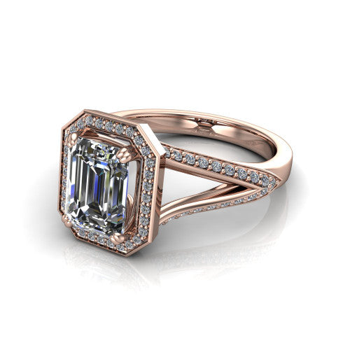 Antonella emerald halo engagement ring in 14K Rose Gold, three-quarter perspective showing the haloed center raised above a split pav&eacute; shank