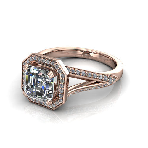 Antonella square halo engagement ring in 18K Rose Gold, three-quarter perspective showing the haloed center raised above a split pav&eacute; shank