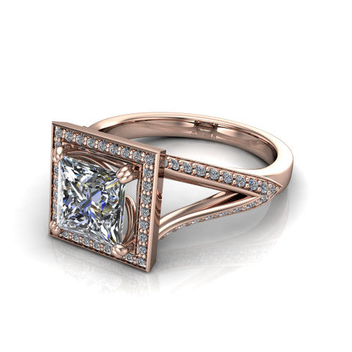 Antonella princess halo engagement ring in 14K Rose Gold, three-quarter perspective showing the square haloed center raised above a split pav&eacute; shank