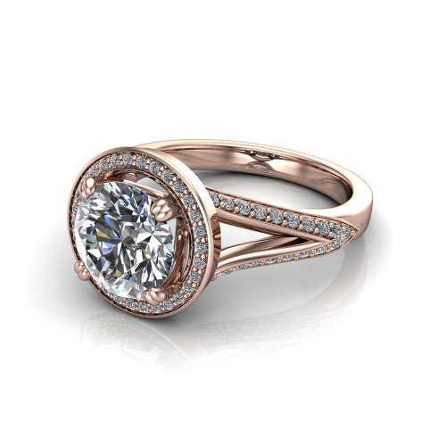 Antonella round halo engagement ring in 18K Rose Gold, three-quarter perspective showing the haloed center raised above a split pav&eacute; shank