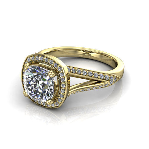 Antonella cushion halo engagement ring in 14K Yellow Gold, three-quarter perspective showing the haloed center raised above a split pav&eacute; shank