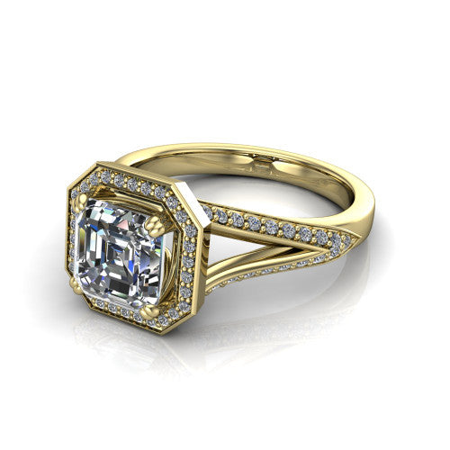 Antonella square halo engagement ring in 14K Yellow Gold, three-quarter perspective showing the haloed center raised above a split pav&eacute; shank