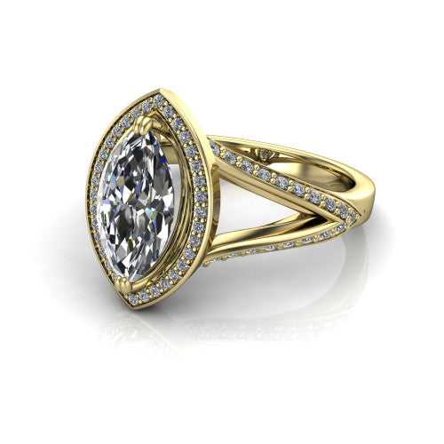 Antonella marquise halo engagement ring in 18K Yellow Gold, three-quarter perspective showing the haloed center raised above a split pav&eacute; shank