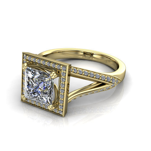 Antonella princess halo engagement ring in 14K Yellow Gold, three-quarter perspective showing the square haloed center raised above a split pav&eacute; shank