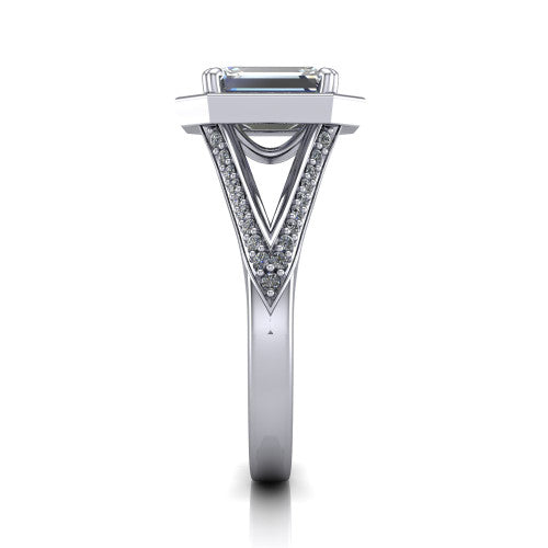 Antonella emerald halo engagement ring in 14K White Gold, side profile showing the open cathedral gallery and the diamonds running down the split shank