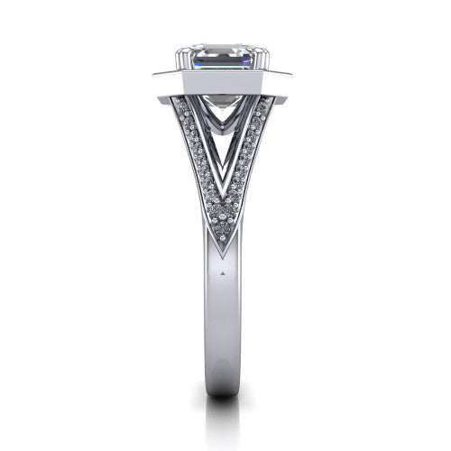 Antonella square halo engagement ring in Platinum, side profile showing the open cathedral gallery and the diamonds running down the split shank