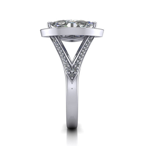 Antonella marquise halo engagement ring in 18K White Gold, side profile showing the open cathedral gallery and the diamonds running down the split shank
