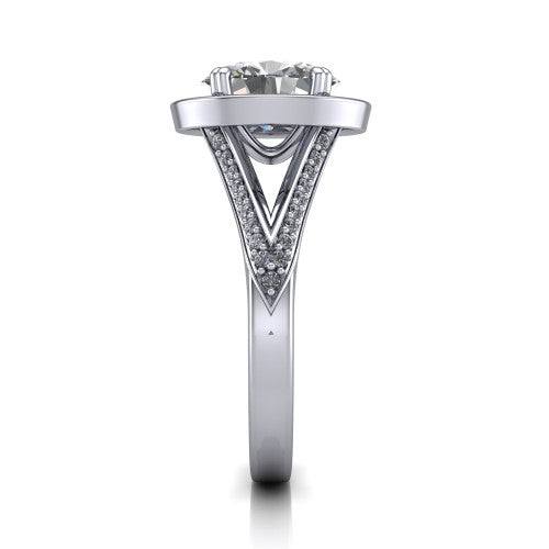 Antonella oval halo engagement ring in Platinum, side profile showing the open cathedral gallery and the diamonds running down the split shank