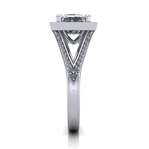 Antonella princess halo engagement ring in 18K White Gold, side profile showing the open cathedral gallery and the diamonds running down the split shank