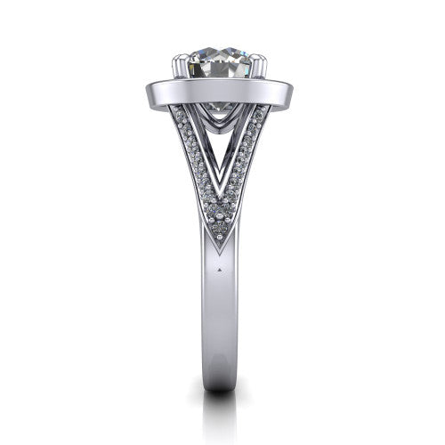 Antonella round halo engagement ring in 14K White Gold, side profile showing the open cathedral gallery and the diamonds running down the split shank
