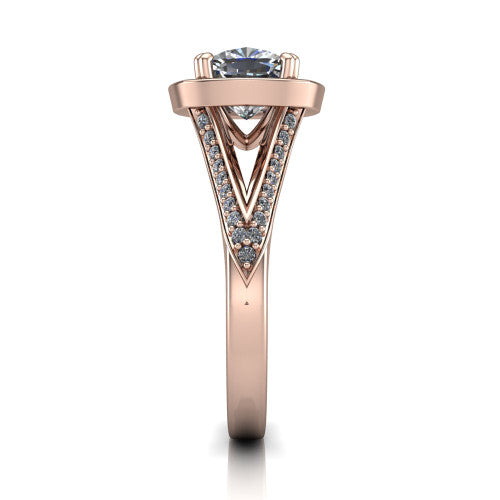 Antonella cushion halo engagement ring in 14K Rose Gold, side profile showing the open cathedral gallery and the diamonds running down the split shank
