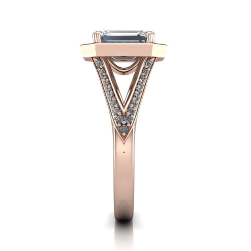 Antonella emerald halo engagement ring in 18K Rose Gold, side profile showing the open cathedral gallery and the diamonds running down the split shank