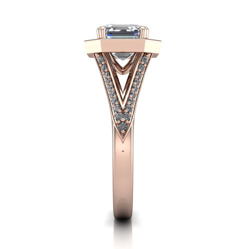 Antonella square halo engagement ring in 18K Rose Gold, side profile showing the open cathedral gallery and the diamonds running down the split shank