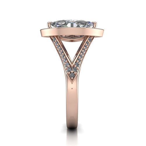 Antonella marquise halo engagement ring in 18K Rose Gold, side profile showing the open cathedral gallery and the diamonds running down the split shank