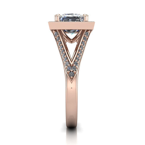 Antonella princess halo engagement ring in 18K Rose Gold, side profile showing the open cathedral gallery and the diamonds running down the split shank