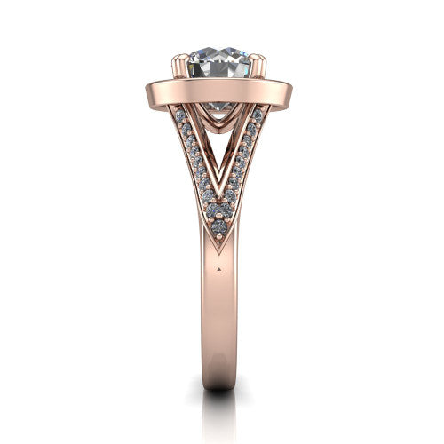 Antonella round halo engagement ring in 18K Rose Gold, side profile showing the open cathedral gallery and the diamonds running down the split shank