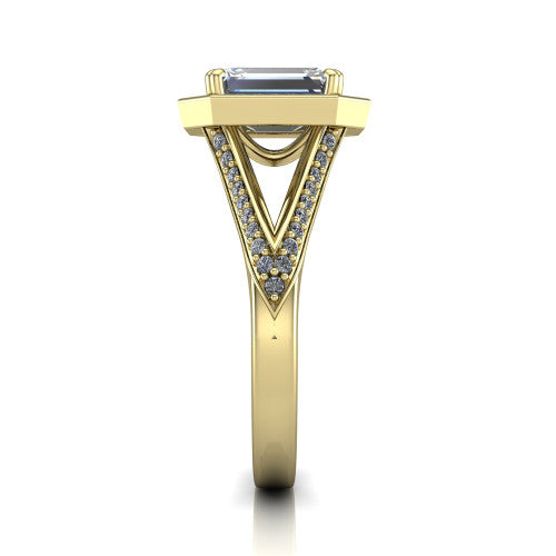 Antonella emerald halo engagement ring in 14K Yellow Gold, side profile showing the open cathedral gallery and the diamonds running down the split shank