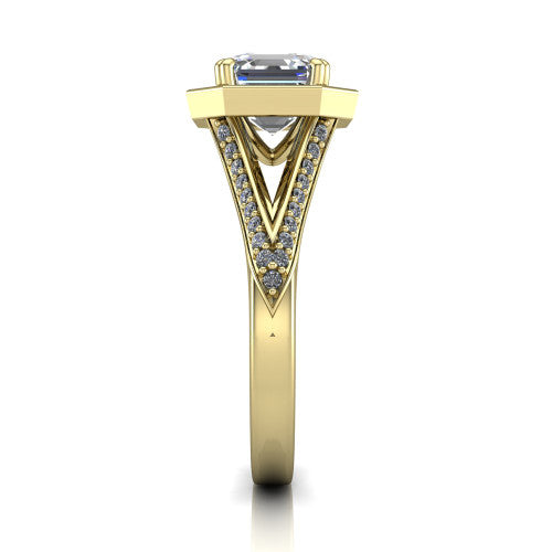Antonella square halo engagement ring in 14K Yellow Gold, side profile showing the open cathedral gallery and the diamonds running down the split shank